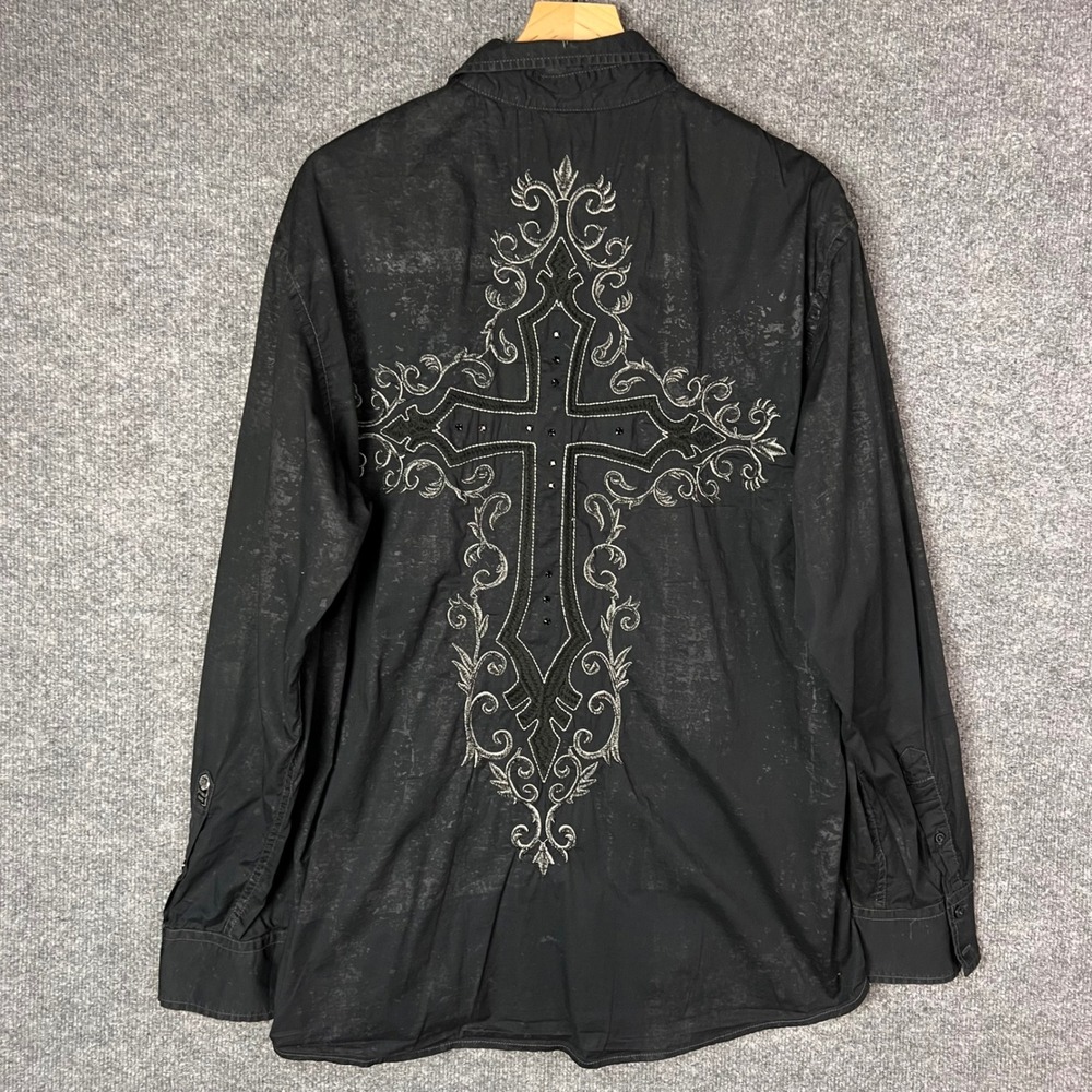 Roar Y2K  Button Up Shirt Mens XL Black Cross Embroidery Studded